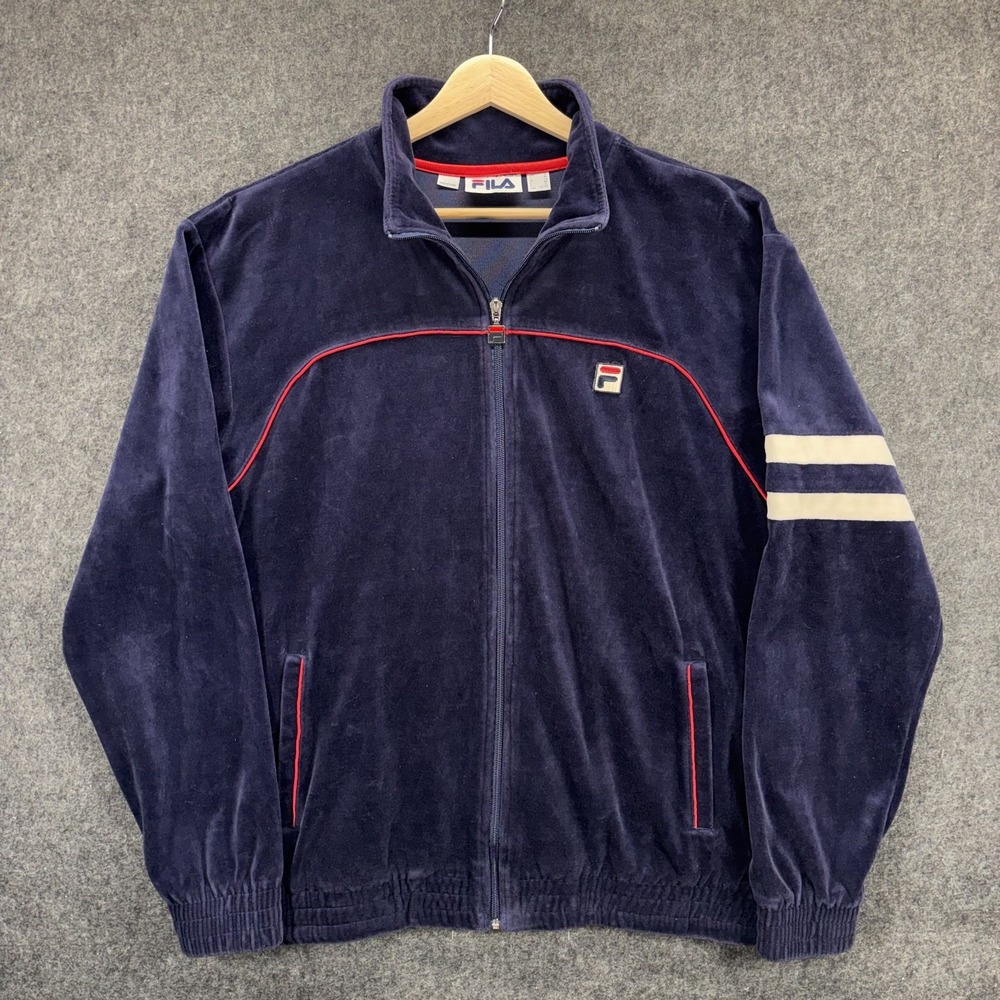 VTG FILA Velour Navy Blue Track Jacket 90s Retro Y2K Logo Full Zip Piping XL